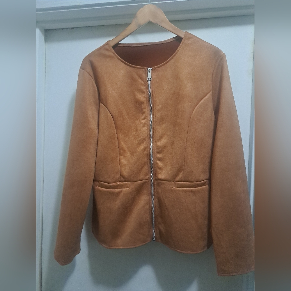 Xl Faux Suede Zip Up Brown Carmel Jacket